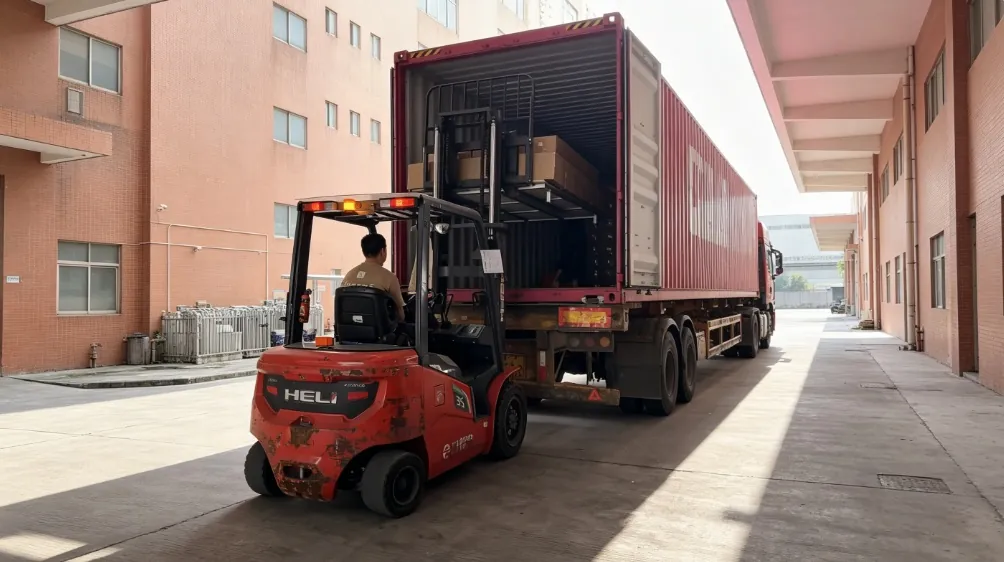 Forklift loading export goods into a shipping container